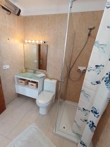 卡拉桑塔尼Casa Joana的带淋浴、卫生间和盥洗盆的浴室