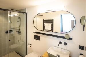 魏森霍恩Hotel zum Löwen的带淋浴、盥洗盆和镜子的浴室
