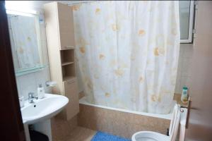 普雷韦扎Meropi Apartment的浴室配有淋浴帘和盥洗盆。