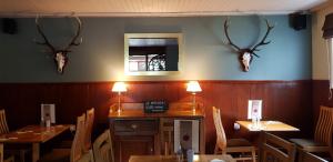 洛哈尔什教区凯尔高地Kintail Lodge Hotel的一间设有两张桌子的用餐室和墙上的鹿角