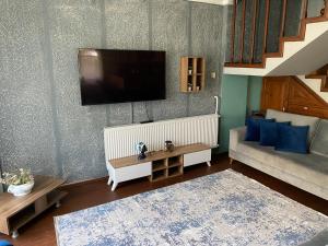 萨潘贾Four seanson müstakil sıcak havuzlu villa的客厅配有沙发和墙上的电视