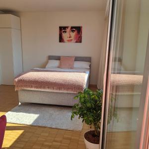 克罗伊茨林根Sonniges 1-Zimmerappartement mit Blick über Kreuzlingen的一间卧室设有两张床,墙上挂着一幅画