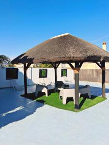 马拉加Luxury Sunny Villa的草坪上带桌椅的大草伞