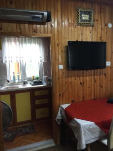 DüzköyUZUNALİ DAĞ EVİ的一个带水槽的厨房和墙上的电视