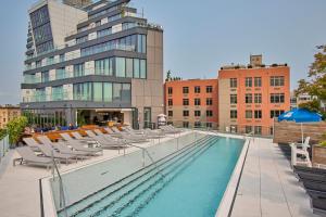 布鲁克林Hotel Indigo - Williamsburg - Brooklyn, an IHG Hotel的一座带躺椅的游泳池和一座建筑
