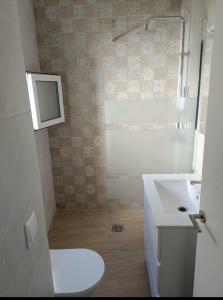 麦地那西多尼亚El barrio的一间带水槽、卫生间和镜子的浴室