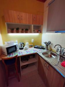 米尼亚spasmata houses的厨房配有带微波炉和水槽的台面