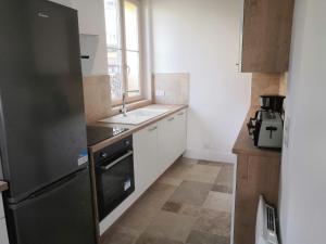芒特拉若利Grand 2P Terrasse bord de seine的厨房配有黑色冰箱和水槽