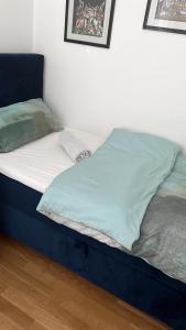 乌尔姆Zimmer mit eigenem Bad的卧室内的一张未铺好的床,配有蓝色床垫