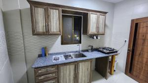 NijilMontreal apartment Shobak near petra的一个带水槽和木橱柜的厨房