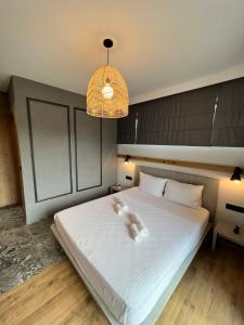 洛泽内茨Villas Park Lozenets的一间卧室配有一张带灯具的大型白色床