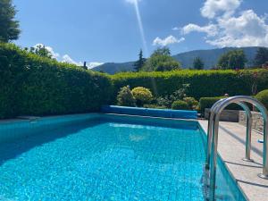 特劳恩基兴Luxury-Suites Traunsee的庭院里的一个蓝色海水游泳池