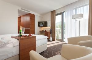 特伦钦温泉镇Hotel Panorama的酒店客房带一张床、一张桌子和椅子