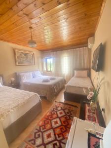 吉诺卡斯特Marko's House的一间卧室设有两张床和木制天花板