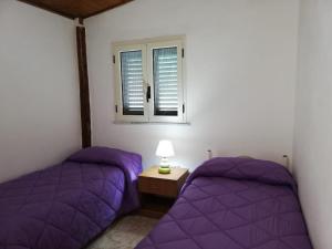 帕利努罗CAMPING MADDALENA的带窗户的客房内的两张紫色床