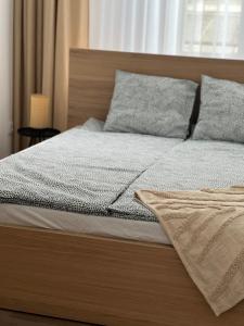 德布勒森Modern új lakás a belvárosban的一张带木制床头板和枕头的床