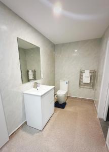 罗托鲁瓦比邻汽车旅馆的一间带卫生间、水槽和镜子的浴室