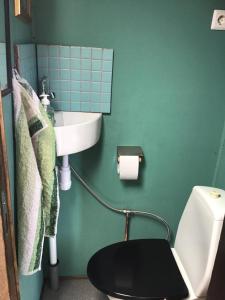 马尔默Grand Circus Hotel的浴室设有黑色的卫生间和水槽。