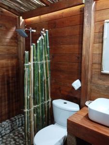 BaorucoECOVILLA CORAL GARDEN的一间带卫生间和竹墙的浴室