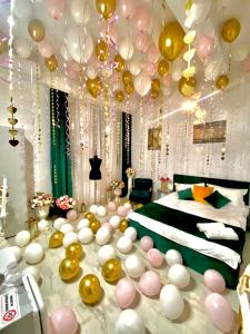 亚历山德里亚White House的一间卧室设有一张床,天花板上设有气球。