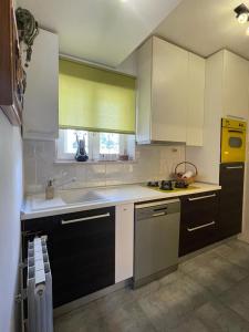 扎博里克Apartman MR的厨房配有白色和黑色橱柜和水槽