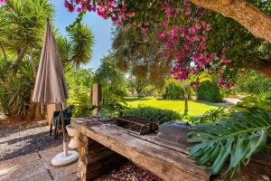 阿尔曼萨Villa - Algarve, Portugal, 4 Bed ensuite, private pool, lake and beautiful gardens的花园设有木桌和遮阳伞。