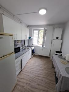 札勒乌Apartament 2 camere的厨房配有白色橱柜和台面