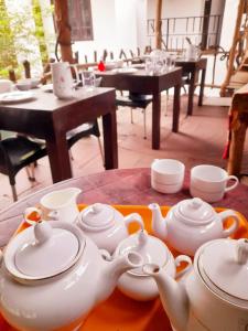 丹不拉Heritage Rangiri Villa的一张桌子上放着一大堆茶壶和杯子