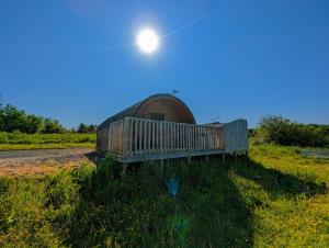 KeltyPond View Pod 2 with Private Hot Tub -Pet Friendly- Fife - Loch Leven - Lomond Hills的天空中阳光下的长凳