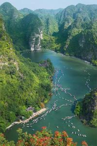 宁平Ninh Bình gest house的一条有一群船的河流的空中景色