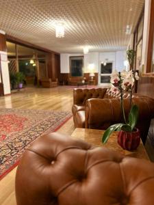 圣马蒂诺-迪卡斯特罗扎Excelsior Hotel Cimone LowCost的客厅配有真皮沙发和带鲜花的桌子