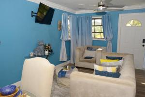 自由港市Cottage by Jubilee的客厅拥有蓝色的墙壁和两把椅子