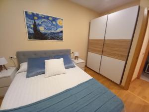 比利亚维西奥萨Apartamento Aurora的卧室配有一张床,墙上挂有绘画作品