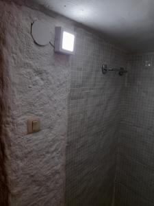 瓜迪克斯Casa cueva El Algarrobo的浴室设有瓷砖淋浴间,墙上有灯