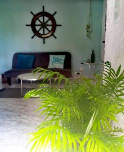 坎昆Mi Otoch en Cancun jardín terraza asador的带沙发和大植物的客厅