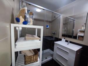 特鲁埃尔Apartamento Estrella de Teruel的带淋浴的浴室以及带水槽的白色架子。
