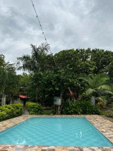 阿瓜奇卡Cabaña Villa Mary-Aguachica的一座绿树成荫的庭院中的蓝色游泳池
