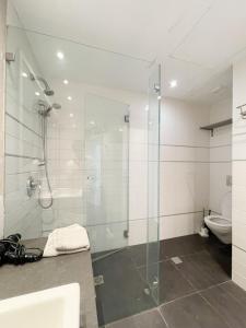 特拉维夫Spacious cosy & renovated flat in central Tel Aviv的一间带玻璃淋浴和卫生间的浴室