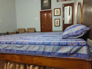 比卡内尔Little prince guest house & homestay的一间卧室配有一张带蓝色棉被的床