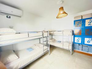 伏罗拉Adriatic Hostel Vlora的宿舍间设有两张双层床,配有浅色