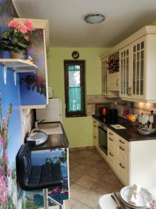 勒亚尼法鲁Green Apple Guesthouse的厨房配有白色橱柜和台面