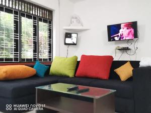 尼甘布Bee Cottage Negombo的客厅配有带色彩缤纷枕头的黑色沙发