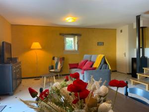 TerraubeMaison du bonheur的带沙发和红色枕头的客厅