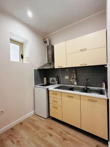 都拉斯Beach Apartaments Durres的厨房配有白色橱柜和水槽