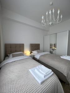 乌罗舍瓦茨Modern, City/Industrial Style的一间卧室配有两张床和吊灯。