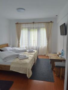 阿列谢尼Pensiunea Trei Brazi Arieseni的一间卧室配有两张床、桌子和窗帘