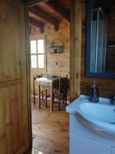 MassayAgréable chalet en bois et son extérieur的小屋内带水槽和桌子的浴室