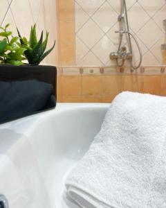 卡瓦拉Down town villa Kavala的浴室设有白色浴缸,种植了植物
