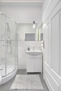 波兹南Fair Point的白色的浴室设有水槽和淋浴。