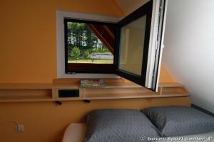 博维茨Base camp - Glamping resort Bovec的带沙发和镜子的窗户
